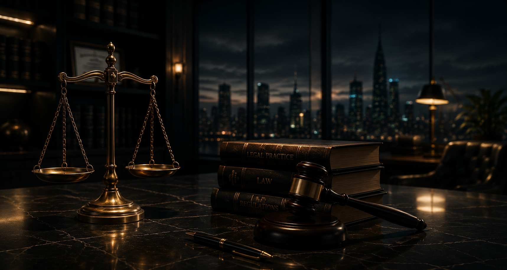 Scales of justice on a marble desk