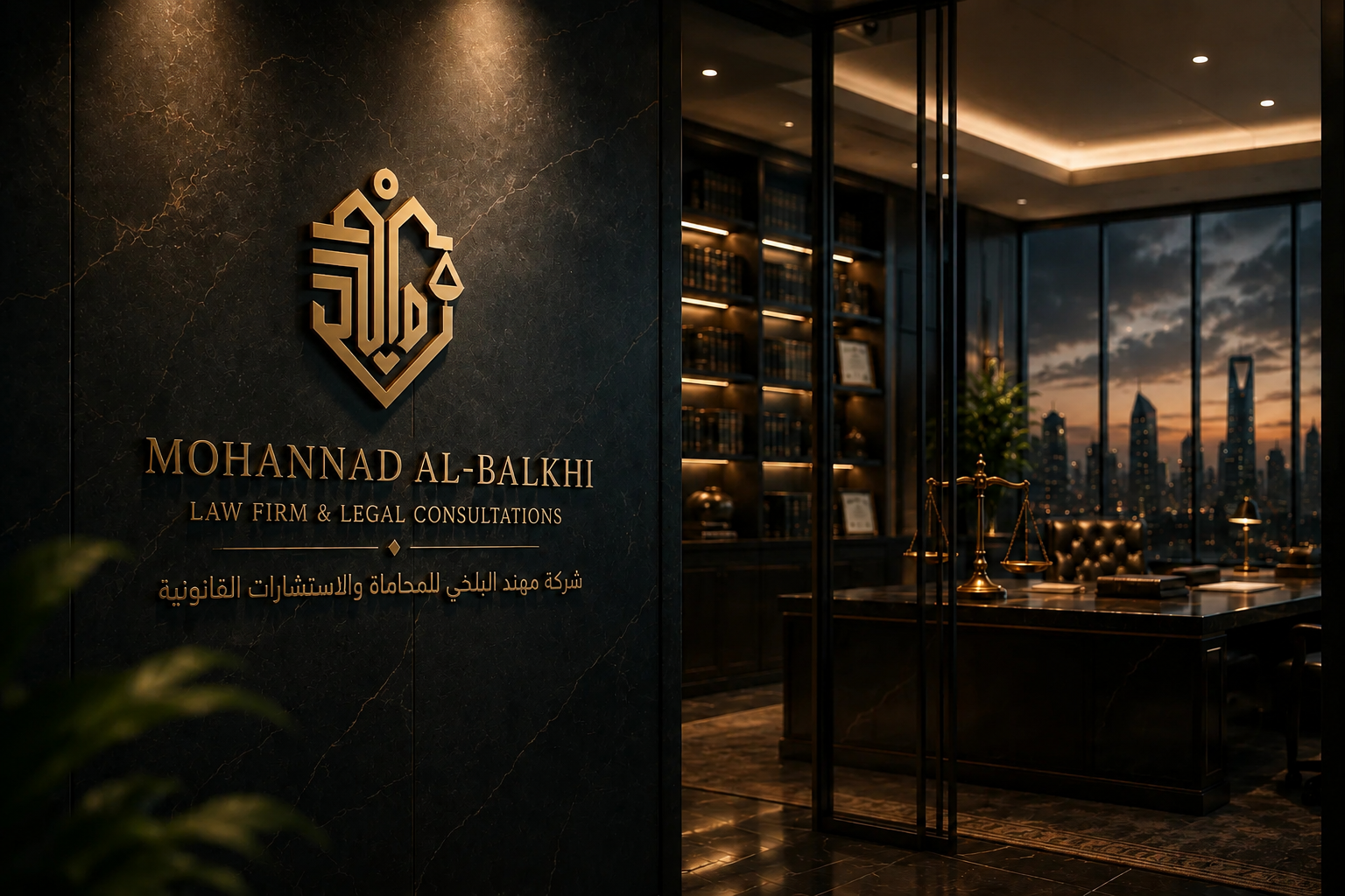 Mohannad Al-Balkhi law office with gold logo wall and Riyadh skyline